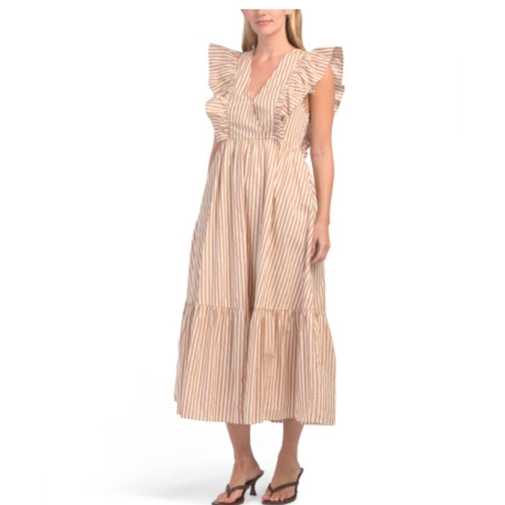 SUGARLIPS Beige Stripe Ruffle Maxi Dress -